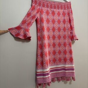 Cabana Life Coral Geo Off-Shoulder Smock Dress UPF 50 S Coastal Cowgirl Tassel